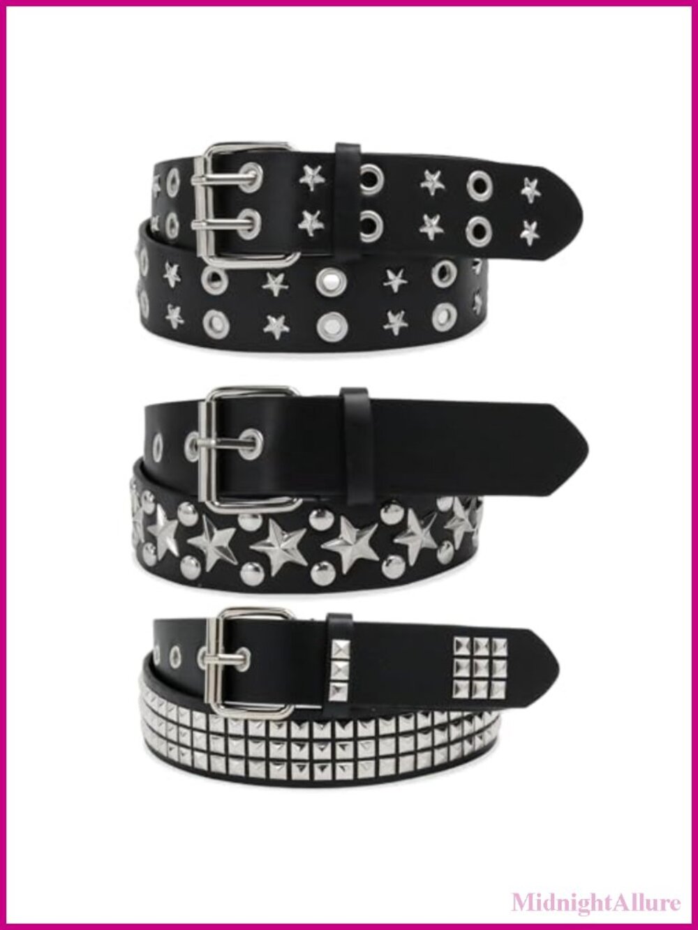 3 Pc Faux Leather Studded Belt Set Y2K Star Pyramid Metal Punk Rock Unisex